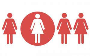 Graphic of four identical female silhouettes with one of them highlighted to stand out from the other three